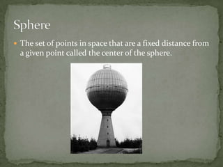 The set of points in space that are a fixed distance from a given point called the center of the sphere.Sphere