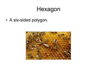 Hexagon A six-sided polygon. 