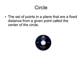 Circle The set of points in a plane that are a fixed distance from a given point called the center of the circle. 
