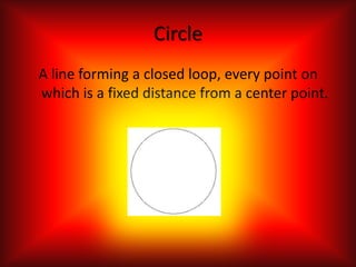 CircleA line forming a closed loop, every point on which is a fixed distance from a center point.