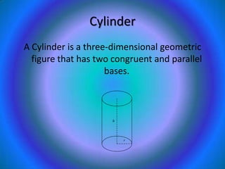 CylinderA Cylinder is a three-dimensional geometric figure that has two congruent and parallel bases. 