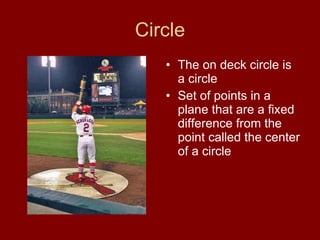 Circle The on deck circle is a circle Set of points in a plane that are a fixed difference from the point called the center of a circle 