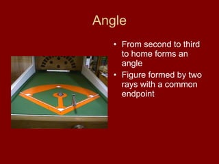 Angle From second to third to home forms an angle Figure formed by two rays with a common endpoint 