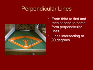 Perpendicular Lines From third to first and then second to home form perpendicular lines Lines intersecting at 90 degrees 