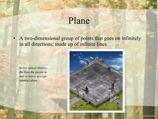Plane A two-dimensional group of points that goes on infinitely in all directions; made up of infinite lines.  In this optical illusion, the floor the people st- and on serves as a (ge- ometric) plane. 