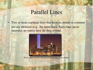 Parallel Lines Two or more coplanar lines that have no points in common nor are identical (e.g., the same line).   Such lines never intersect, no matter how far they extend. The two rays of light in this picture are parallel to one another. 