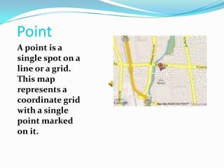 PointA point is a single spot on a line or a grid. This map represents a coordinate grid with a single point marked on it.