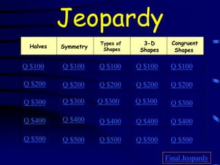 Jeopardy
                      Types of     3-D       Congruent
  Halves   Symmetry    Shapes     Shapes      Shapes


Q $100     Q $100     Q $100     Q $100     Q $100

Q $200     Q $200     Q $200     Q $200     Q $200

Q $300     Q $300     Q $300     Q $300     Q $300

Q $400     Q $400     Q $400     Q $400     Q $400

Q $500     Q $500     Q $500     Q $500     Q $500

                                           Final Jeopardy
 
