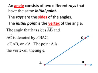 An angle consists of two different rays that
have the same initial point.
The rays are the sides of the angles.
The initial point is the vertex of the angle.
The angle that has sides AB and
AC is denoted by BAC, C
CAB, or A. The point A is
the vertex of the angle.
A B