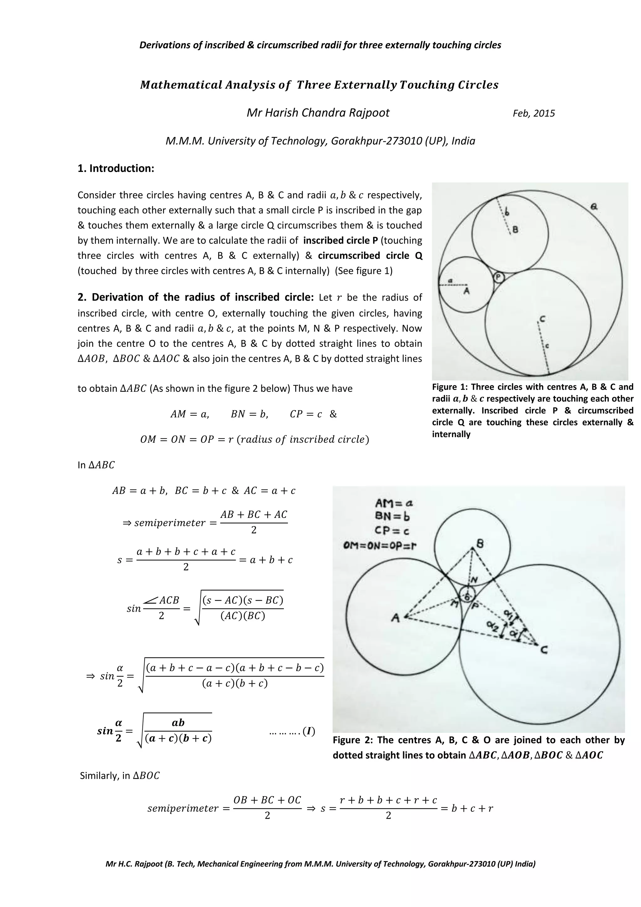 Derivations Of Inscribed Circumscribed Radii For Three Externally Derivations Of Inscribed Circumscribed Radii For Three Externally