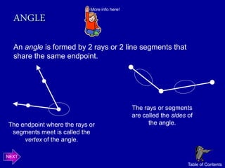 More info here!

  ANGLE

  An angle is formed by 2 rays or 2 line segments that
  share the same endpoint.




                                              The rays or segments
                                              are called the sides of
The endpoint where the rays or                      the angle.
 segments meet is called the
     vertex of the angle.

NEXT
                                                                   Table of Contents
 