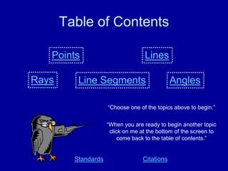 Table of Contents

   Points                          Lines

Rays      Line Segments                        Angles

                     “Choose one of the topics above to begin.”


                     “When you are ready to begin another topic
                      click on me at the bottom of the screen to
                          come back to the table of contents.”


         Standards                 Citations
 