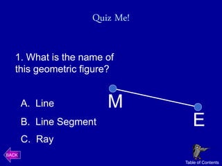 Quiz Me!

   1. What is the name of
   this geometric figure?


       A. Line           M
       B. Line Segment             E
       C. Ray
BACK
                                Table of Contents
 