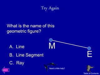 Try Again

   What is the name of this
   geometric figure?


       A. Line           M
       B. Line Segment                            E
       C. Ray
                         Need a little help?
BACK
                                               Table of Contents
 