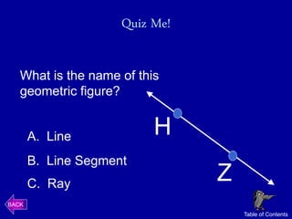 Quiz Me!

   What is the name of this
   geometric figure?


       A. Line            H
       B. Line Segment
       C. Ray
                                Z
BACK
                                    Table of Contents
 
