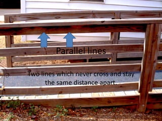 Parallel lines Two lines which never cross and stay the same distance apart. 