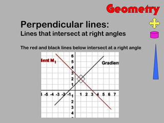 Perpendicular lines:
Lines that intersect at right angles

The red and black lines below intersect at a right angle
 