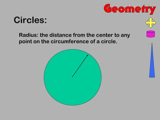 Circles:
 Radius: the distance from the center to any
 point on the circumference of a circle.
 