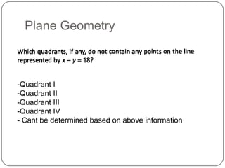 Plane Geometry
-Quadrant I
-Quadrant II
-Quadrant III
-Quadrant IV
- Cant be determined based on above information
 
