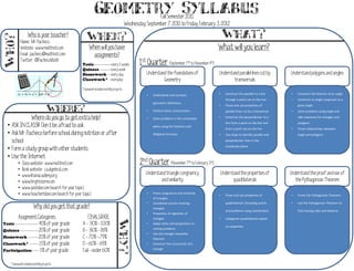 Geometry Syllabus                             Fall Semester 2011
                                                                                             Wednesday, September 7, 2011 to Friday, February 3, 2012
                    Who is your teacher?
                                                          When?                                                                                                       What?
Who?

                Name: Mr. Pacheco
                Website: www.mathriot.com                  When will you have                                                                                     What will you learn?
                Email: pacheco@mathriot..com                 assignments?
                Twitter: @PachecoMath
                                                      Tests ------------ every 2 weeks               1st Quarter (September 7              th to November 4th)

                                                      Quizzes -------- every week
                                                      Homework -- every day                              Understand the foundations of                            Understand parallel lines cut by            Understand polygons and angles
                                                      Classwork* - everyday                                       Geometry                                                transversals
                                                      *classwork includes monthly projects
                                                                                                         •   Understand and use basic                             •     Construct the parallel to a line      •   Construct the bisector of an angle
                                                                                                                                                                        through a point not on the line       •   Construct an angle congruent to a
                                                                                                             geometric definitions

                                      Where?
                                                                                                                                                                  •     Prove and use properties of               given angle
                                                                                                         •   Perform basic constructions                                parallel lines cut by a transversal   •   Solve problems using angle and

                Where do you go to get extra help?                                                       •   Solve problems in the coordinate                     •     Construct the perpendicular to a          side measures for triangles and

  •   ASK IN CLASS!! Don’t be afraid to ask.                                                                 plane using the Distance and
                                                                                                                                                                        line from a point on the line and
                                                                                                                                                                        from a point not on the line          •
                                                                                                                                                                                                                  polygons
                                                                                                                                                                                                                  Prove relationships between
  •   Ask Mr. Pacheco before school, during nutrition or after                                               Midpoint formulas                                    •     Use slope to identify parallel and        angle and polygons

      school                                                                                                                                                            perpendicular lines in the

  •   Form a study group with other students                                                                                                                            coordinate plane


  •   Use the Internet
            •    Class website: www.mathriot.com                                                     2nd Quarter (November 7               th to February 3 rd)

            •    Book website: ca.algebra1.com
            •    www.khanacademy.org                                                                    Understand triangle congruency                                Understand the properties of            Understand the proof and use of
            •    www.brightstorm.com                                                                            and similarity                                               quadrilaterals                      the Pythagorean Theorem
            •    www.youtube.com (search for your topic)
            •    www.teachertube.com (search for your topic)                                             •   Prove congruence and similarity
                                                                                                                                                                  •     Prove and use properties of           •   Prove the Pythagorean Theorem
                                                                                                             of triangles
                                                                                                         •   Coordinate proofs involving                                quadrilaterals (including proofs      •   Use the Pythagorean Theorem to
                         Why did you get that grade?                                                         triangles
                                                                                                                                                                        and problems using coordinates)           find missing sides and distance
                                                                                                         •   Properties of segments of
        Assignment Categories                              FINAL GRADE                                       triangles                                            •     Categorize quadrilaterals based
                                                                                     Why?




Tests ------------------40% of your grade              A - 90% - 100%                                    •   Apply ratios and proportions to
                                                                                                                                                                        on properties
Quizzes --------------20% of your grade                B - 80% - 89%                                         solving problems
                                                                                                         •   Use the triangle inequality
Homework --------20% of your grade                     C - 70% - 79%                                         theorem
Classwork* ------- 15% of your grade                   D - 60% - 69%                                     •   Construct the cicumcircle of a

Participation ----- 5% of your grade                   Fail - under 60%                                      triangle



      *classwork includes monthly projects
 