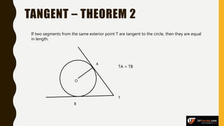 TANGENT – THEOREM 2
If two segments from the same exterior point T are tangent to the circle, then they are equal
in length.
TA = TB
O
A
T
B
 