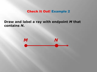 Check It Out! Example 2 
Draw and label a ray with endpoint M that 
contains N. 
M N 
 