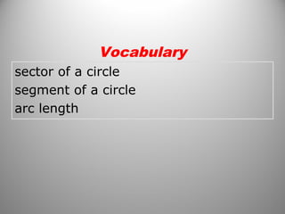 sector of a circle
segment of a circle
arc length
Vocabulary
 