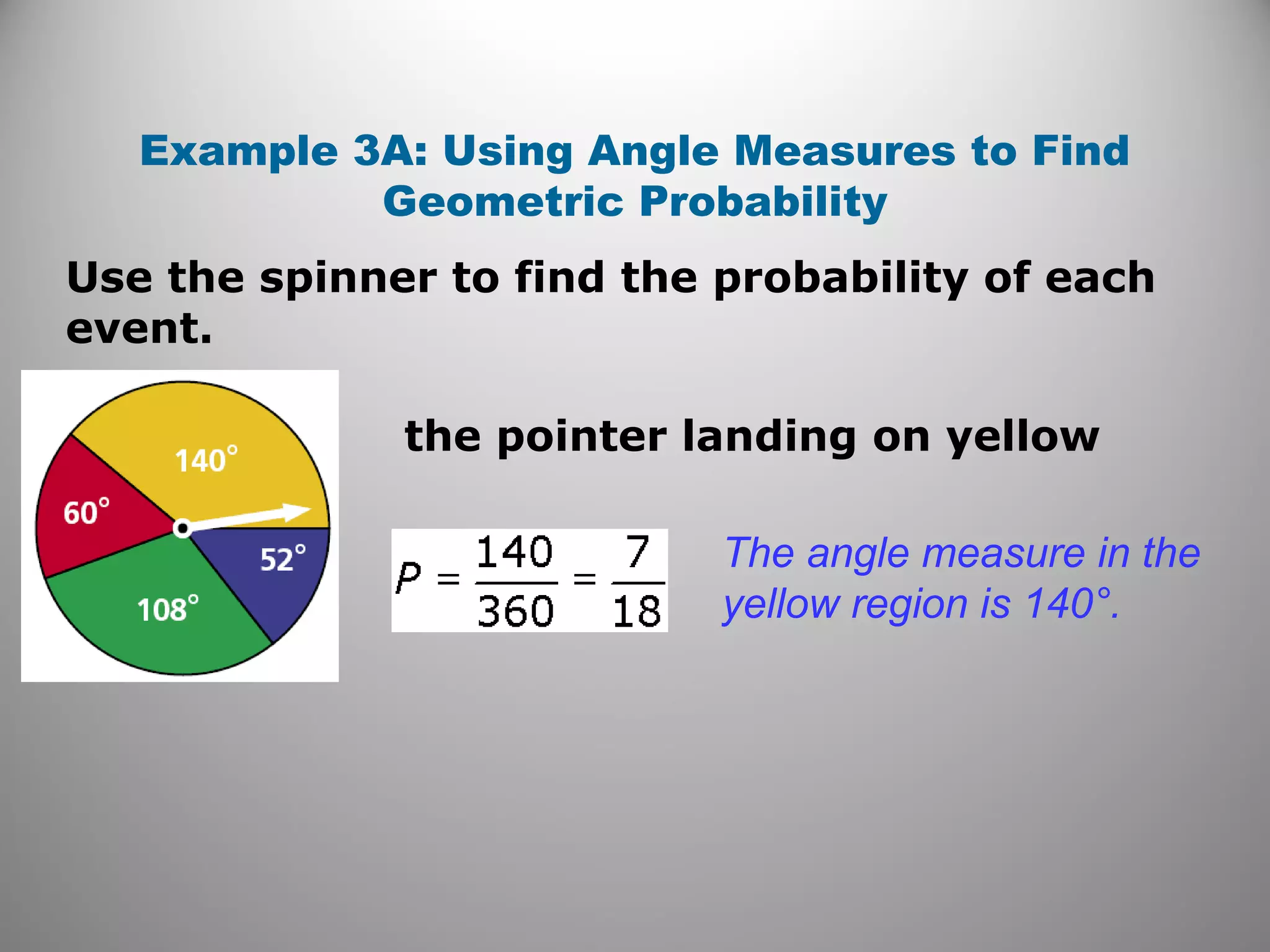 Use the spinner to find the probability of each
event.
Example 3A: Using Angle Measures to Find
Geometric Probability
the pointer landing on yellow
The angle measure in the
yellow region is 140°.
 