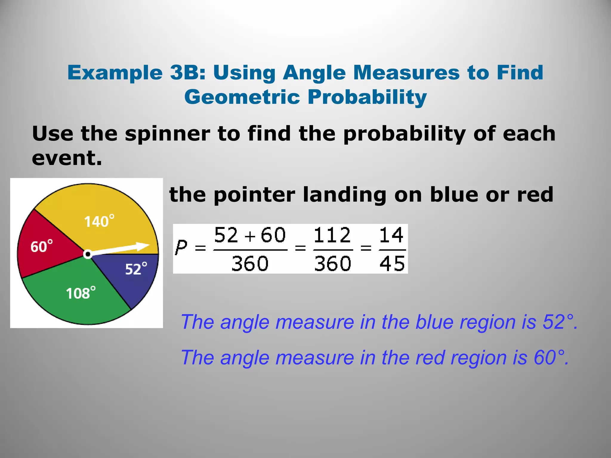 Example 3B: Using Angle Measures to Find
Geometric Probability
the pointer landing on blue or red
The angle measure in the blue region is 52°.
The angle measure in the red region is 60°.
Use the spinner to find the probability of each
event.
 
