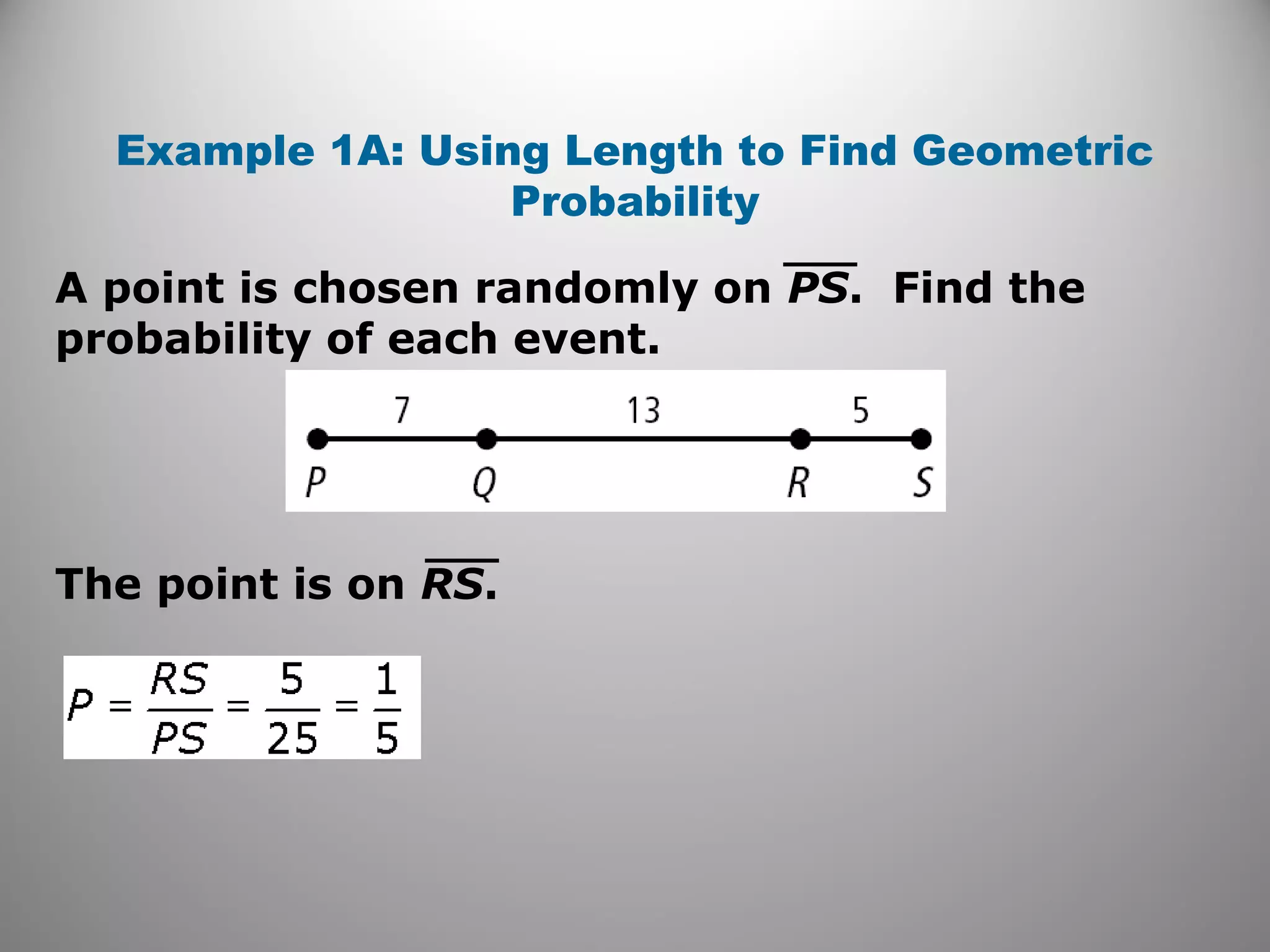 A point is chosen randomly on PS. Find the
probability of each event.
Example 1A: Using Length to Find Geometric
Probability
The point is on RS.
 