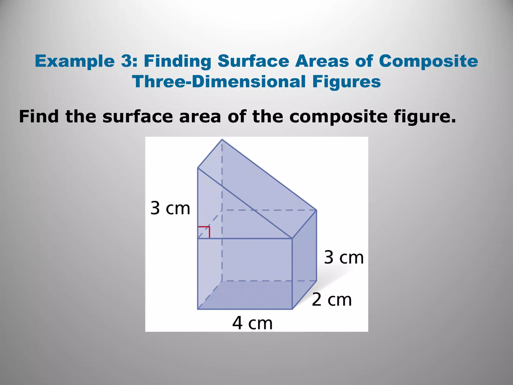 Example 3: Finding Surface Areas of Composite 
Three-Dimensional Figures 
Find the surface area of the composite figure. 
 