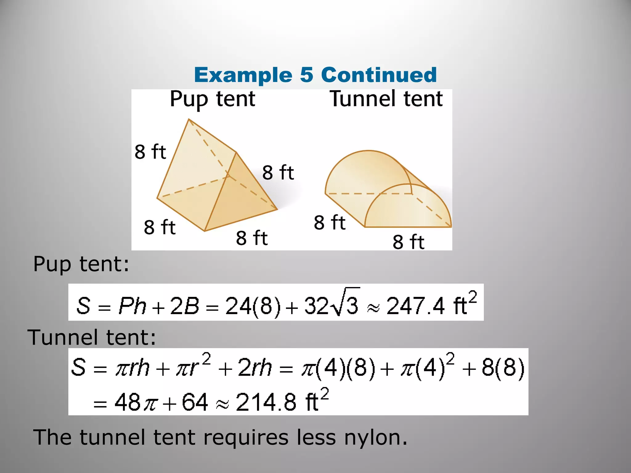 Example 5 Continued 
Pup tent: 
Tunnel tent: 
The tunnel tent requires less nylon. 
 