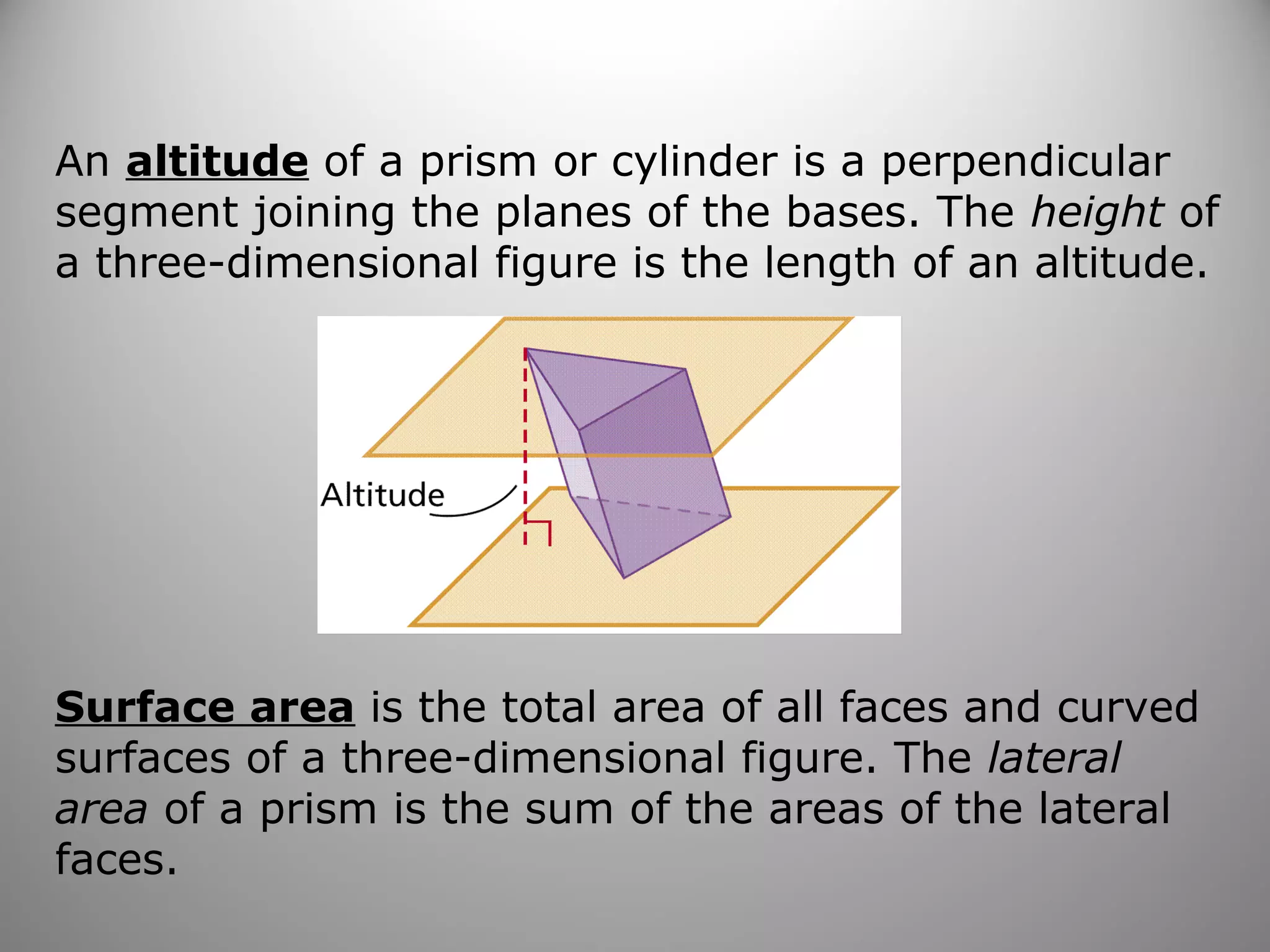 An altitude of a prism or cylinder is a perpendicular 
segment joining the planes of the bases. The height of 
a three-dimensional figure is the length of an altitude. 
Surface area is the total area of all faces and curved 
surfaces of a three-dimensional figure. The lateral 
area of a prism is the sum of the areas of the lateral 
faces. 
 
