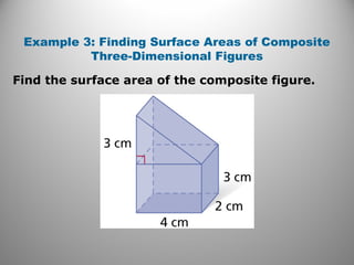 Example 3: Finding Surface Areas of Composite 
Three-Dimensional Figures 
Find the surface area of the composite figure. 
 