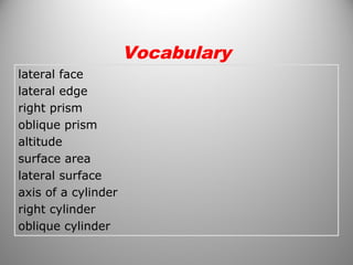 lateral face 
lateral edge 
right prism 
oblique prism 
altitude 
surface area 
lateral surface 
axis of a cylinder 
right cylinder 
oblique cylinder 
Vocabulary 
 