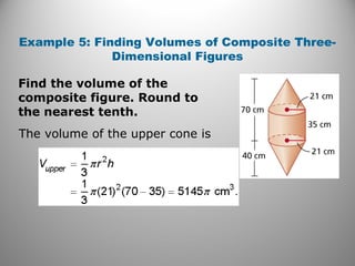 Example 5: Finding Volumes of Composite Three-
Dimensional Figures
Find the volume of the
composite figure. Round to
the nearest tenth.
The volume of the upper cone is
 