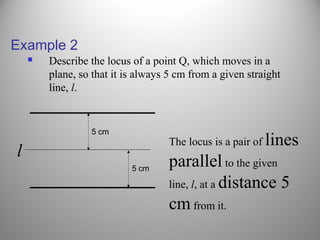 Example 2
 Describe the locus of a point Q, which moves in a
plane, so that it is always 5 cm from a given straight
line, l.
l
The locus is a pair of lines
parallel to the given
line, l, at a distance 5
cm from it.
5 cm
5 cm
 