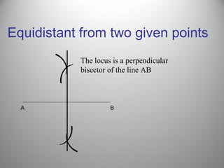 Equidistant from two given points
A B
(
(
(
(
The locus is a perpendicular
bisector of the line AB
 