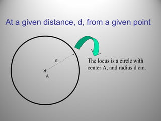 At a given distance, d, from a given point
A
X
d The locus is a circle with
center A, and radius d cm.
 