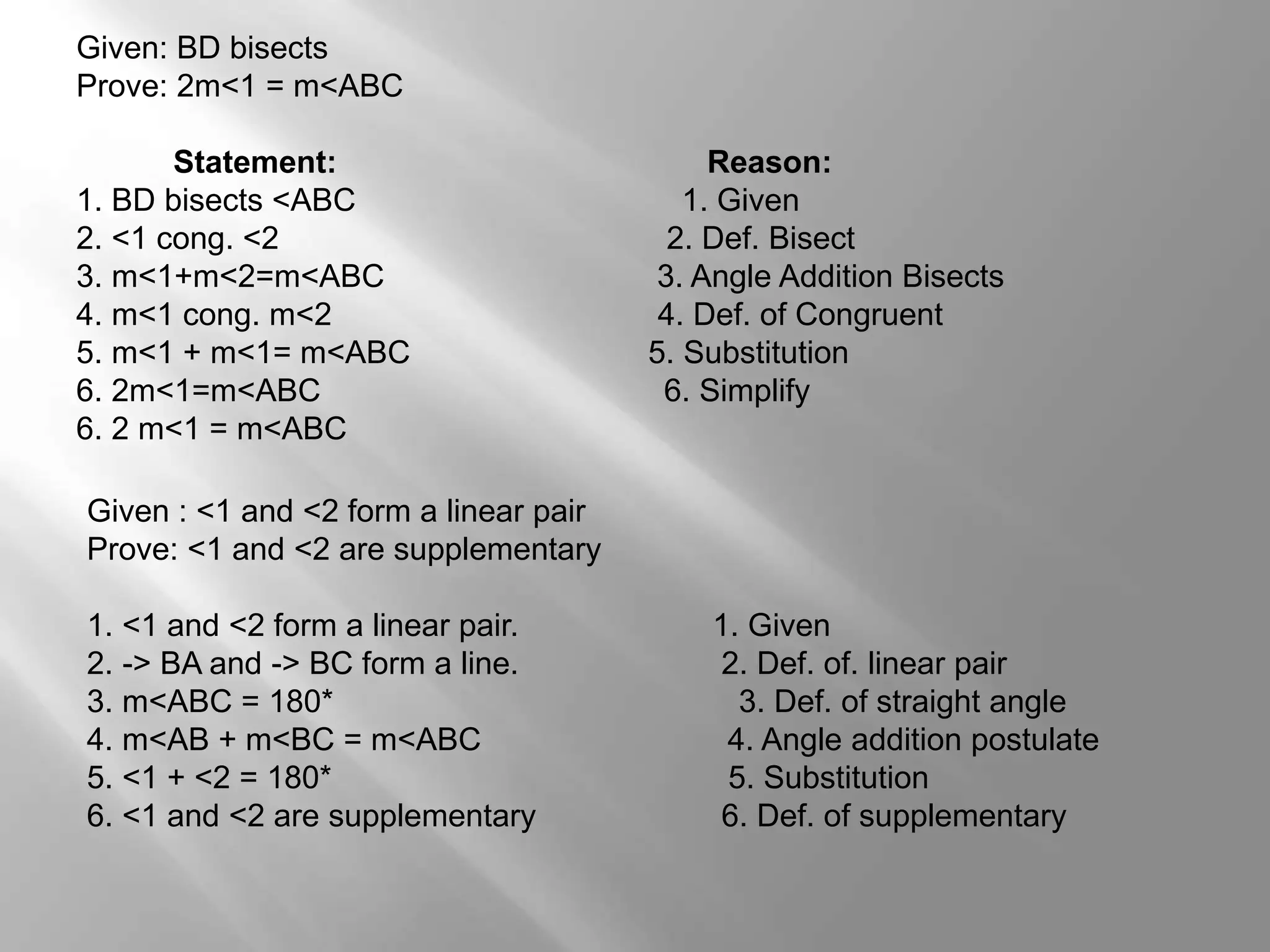 Given: BD bisects 
Prove: 2m<1 = m<ABC 
Statement: Reason: 
1. BD bisects <ABC 1. Given 
2. <1 cong. <2 2. Def. Bisect 
3. m<1+m<2=m<ABC 3. Angle Addition Bisects 
4. m<1 cong. m<2 4. Def. of Congruent 
5. m<1 + m<1= m<ABC 5. Substitution 
6. 2m<1=m<ABC 6. Simplify 
6. 2 m<1 = m<ABC 
Given : <1 and <2 form a linear pair 
Prove: <1 and <2 are supplementary 
1. <1 and <2 form a linear pair. 1. Given 
2. -> BA and -> BC form a line. 2. Def. of. linear pair 
3. m<ABC = 180* 3. Def. of straight angle 
4. m<AB + m<BC = m<ABC 4. Angle addition postulate 
5. <1 + <2 = 180* 5. Substitution 
6. <1 and <2 are supplementary 6. Def. of supplementary 
 