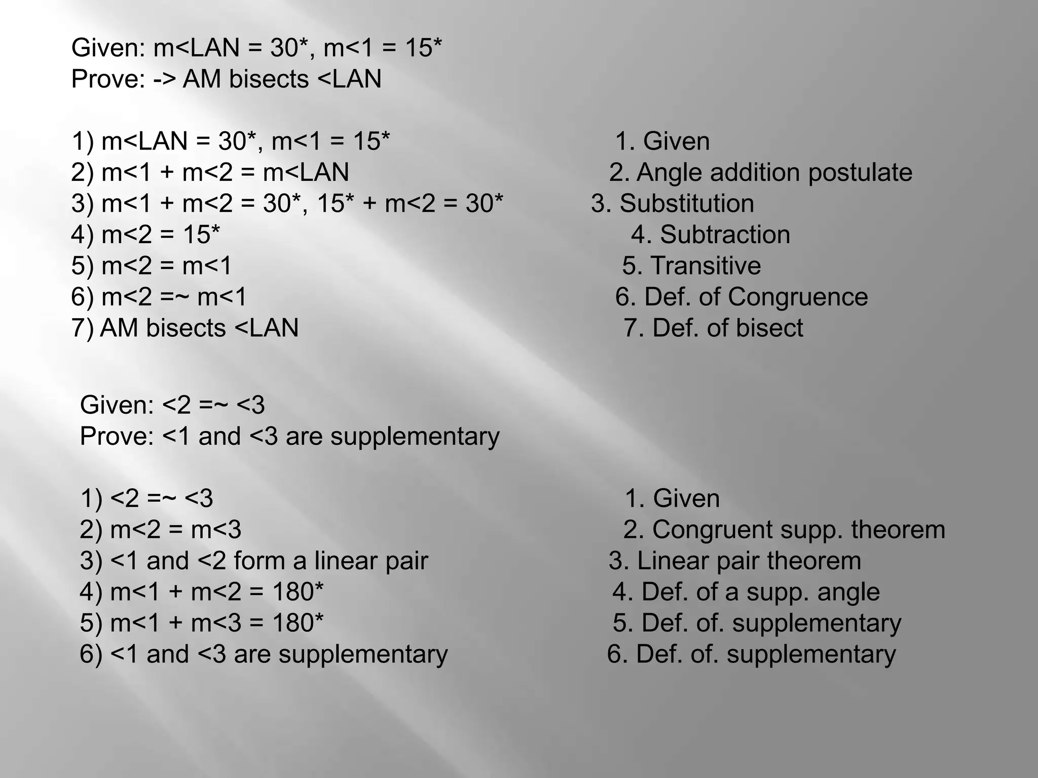 Given: m<LAN = 30*, m<1 = 15* 
Prove: -> AM bisects <LAN 
1) m<LAN = 30*, m<1 = 15* 1. Given 
2) m<1 + m<2 = m<LAN 2. Angle addition postulate 
3) m<1 + m<2 = 30*, 15* + m<2 = 30* 3. Substitution 
4) m<2 = 15* 4. Subtraction 
5) m<2 = m<1 5. Transitive 
6) m<2 =~ m<1 6. Def. of Congruence 
7) AM bisects <LAN 7. Def. of bisect 
Given: <2 =~ <3 
Prove: <1 and <3 are supplementary 
1) <2 =~ <3 1. Given 
2) m<2 = m<3 2. Congruent supp. theorem 
3) <1 and <2 form a linear pair 3. Linear pair theorem 
4) m<1 + m<2 = 180* 4. Def. of a supp. angle 
5) m<1 + m<3 = 180* 5. Def. of. supplementary 
6) <1 and <3 are supplementary 6. Def. of. supplementary 
 