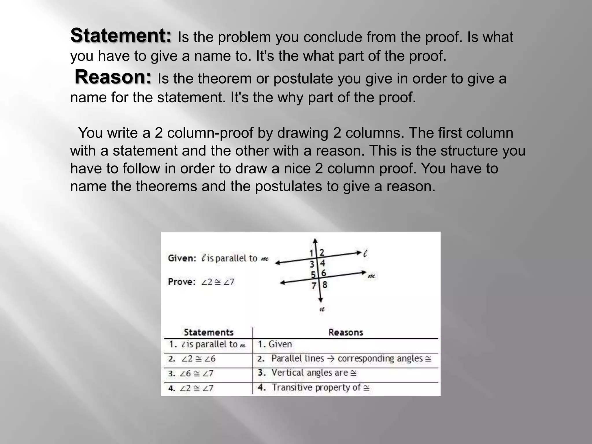 Statement: Is the problem you conclude from the proof. Is what 
you have to give a name to. It's the what part of the proof. 
Reason: Is the theorem or postulate you give in order to give a 
name for the statement. It's the why part of the proof. 
You write a 2 column-proof by drawing 2 columns. The first column 
with a statement and the other with a reason. This is the structure you 
have to follow in order to draw a nice 2 column proof. You have to 
name the theorems and the postulates to give a reason. 
 