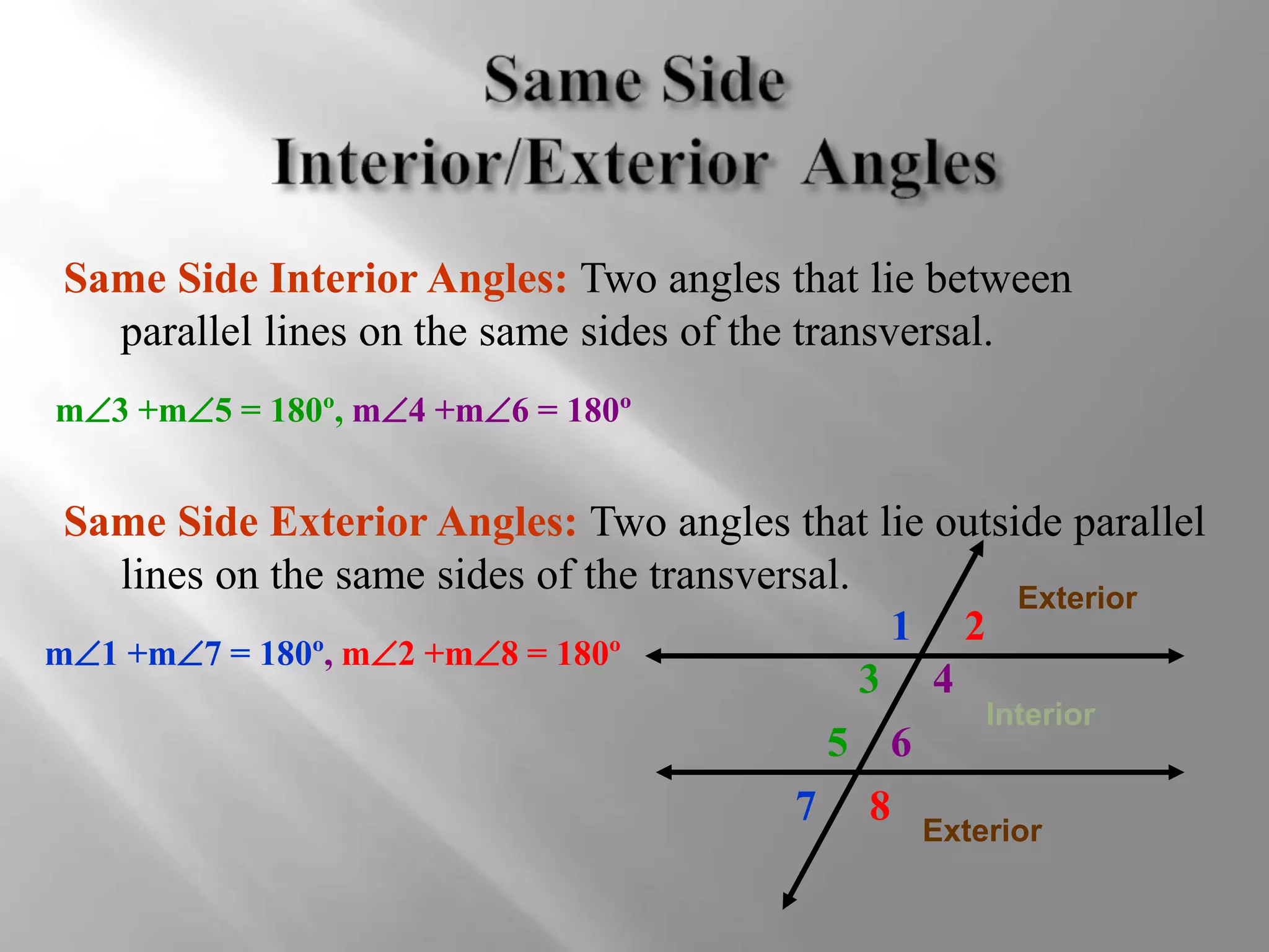 Same Side Interior Angles: Two angles that lie between 
parallel lines on the same sides of the transversal. 
m3 +m5 = 180º, m4 +m6 = 180º 
Same Side Exterior Angles: Two angles that lie outside parallel 
lines on the same sides of the transversal. 
m1 +m7 = 180º, m2 +m8 = 180º 
1 2 
3 4 
5 6 
7 8 
Exterior 
Interior 
Exterior 
 