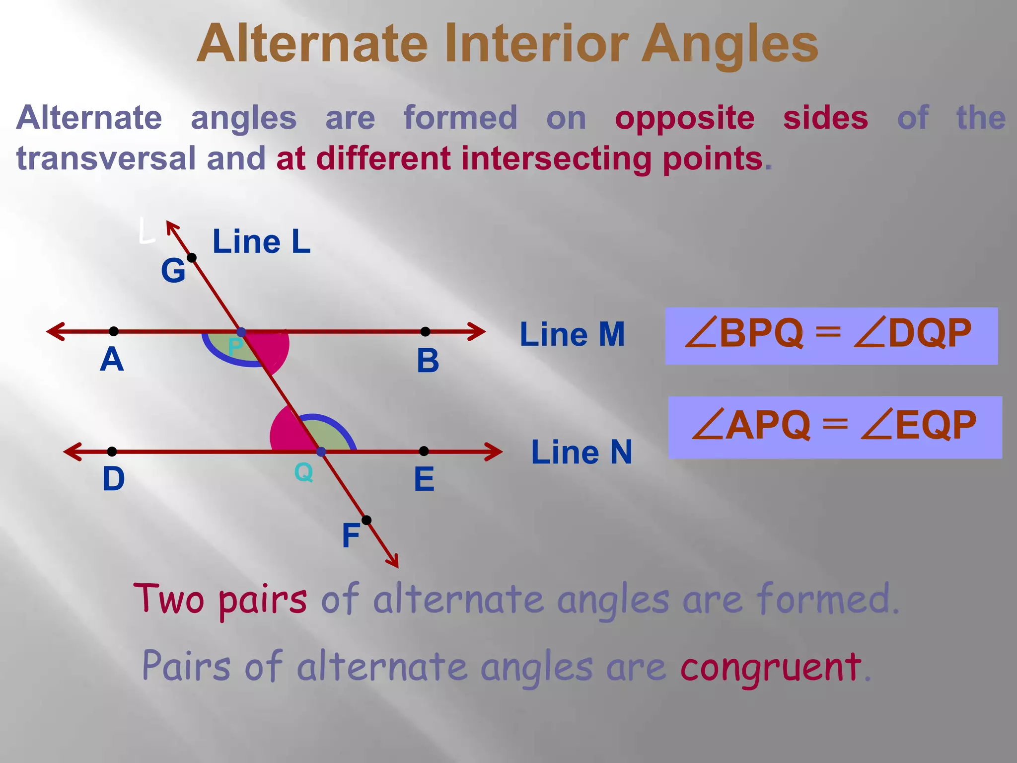 Alternate Interior Angles 
Alternate angles are formed on opposite sides of the 
transversal and at different intersecting points. 
Line M 
L 
P 
G 
A B 
Line N 
Q 
D E 
F 
Line L 
BPQ = DQP 
APQ = EQP 
Two pairs of alternate angles are formed. 
Pairs of alternate angles are congruent. 
 