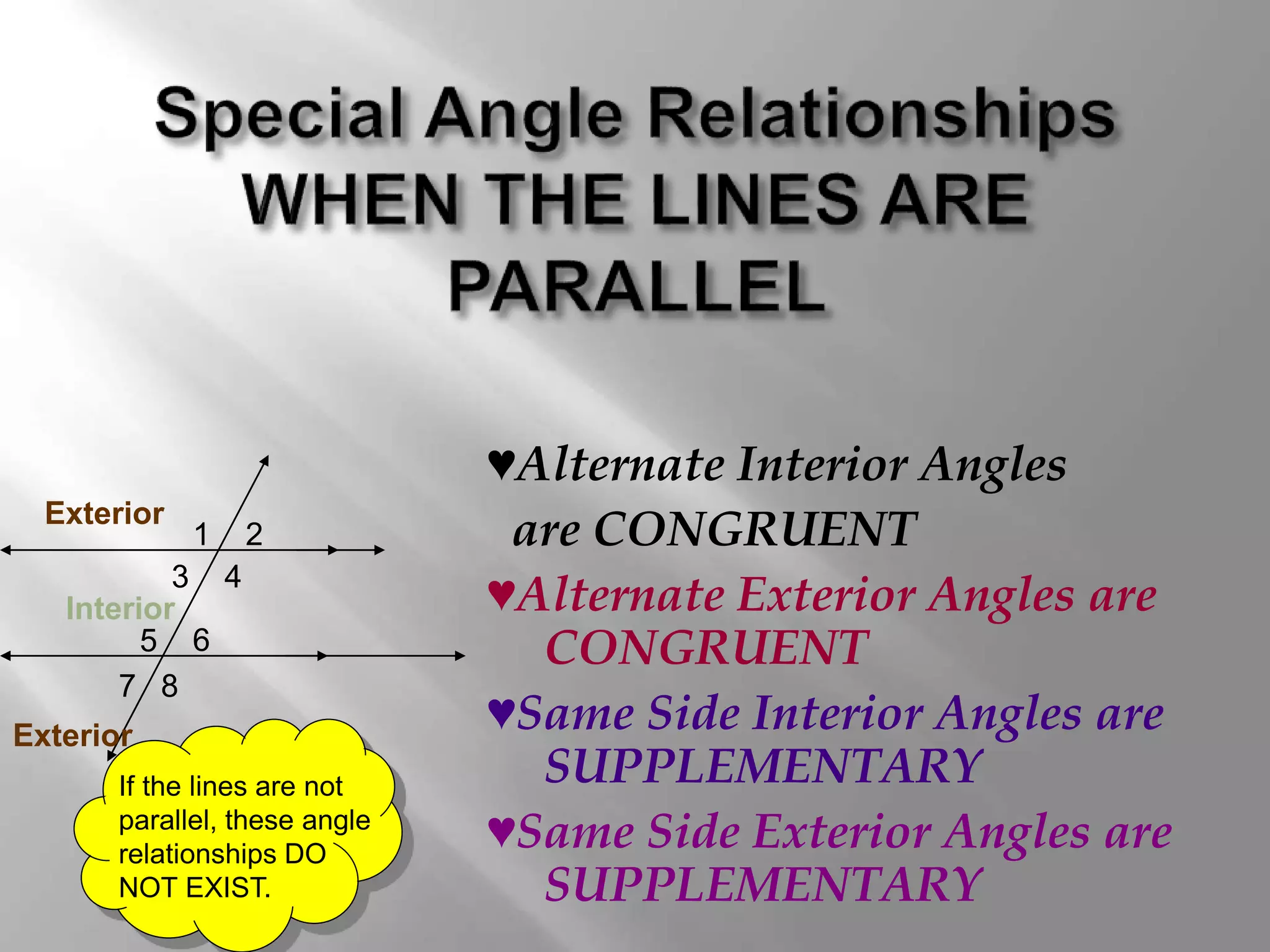 ♥Alternate Interior Angles 
are CONGRUENT 
♥Alternate Exterior Angles are 
CONGRUENT 
♥Same Side Interior Angles are 
SUPPLEMENTARY 
♥Same Side Exterior Angles are 
SUPPLEMENTARY 
1 
4 
2 
3 
Exterior 
Interior 
5 6 
7 8 
Exterior 
If the lines are not 
parallel, these angle 
relationships DO 
NOT EXIST. 
 