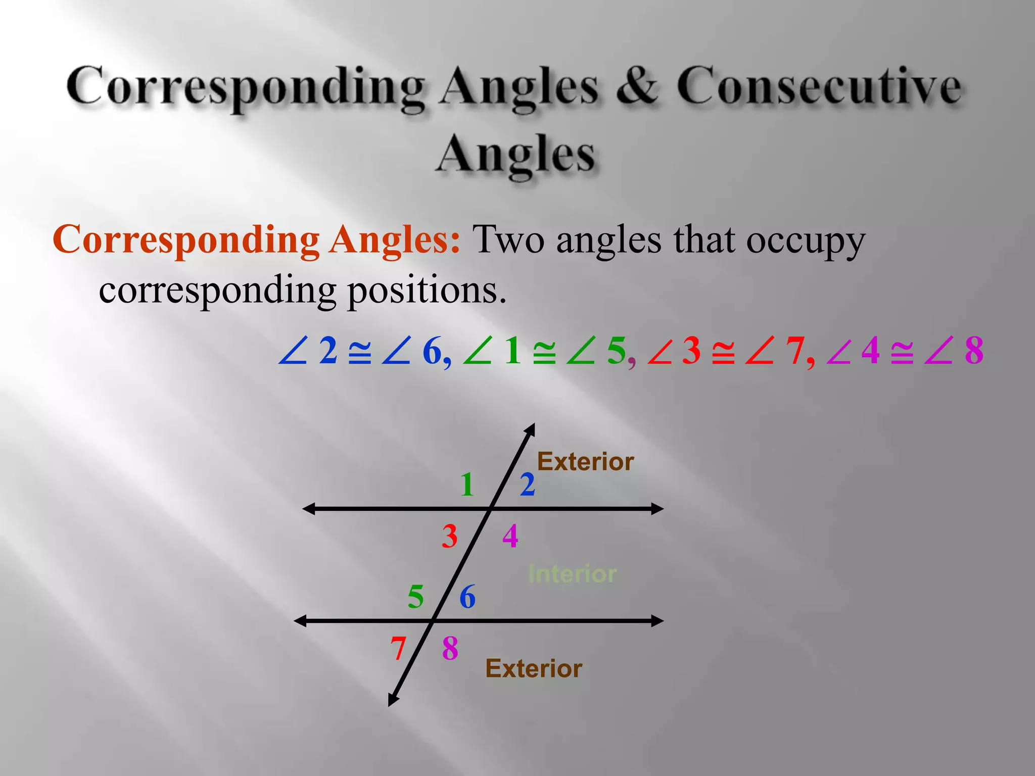 Corresponding Angles: Two angles that occupy 
corresponding positions. 
 2   6,  1   5,  3   7,  4   8 
Exterior 
1 2 
3 4 
5 6 
7 8 
Interior 
Exterior 
 