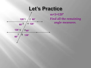 m<1=120° 
Find all the remaining 
angle measures. 
1 
4 
2 
3 
5 6 
7 8 
60° 
60° 
60° 
60° 
120° 
120° 
120° 
120° 
 