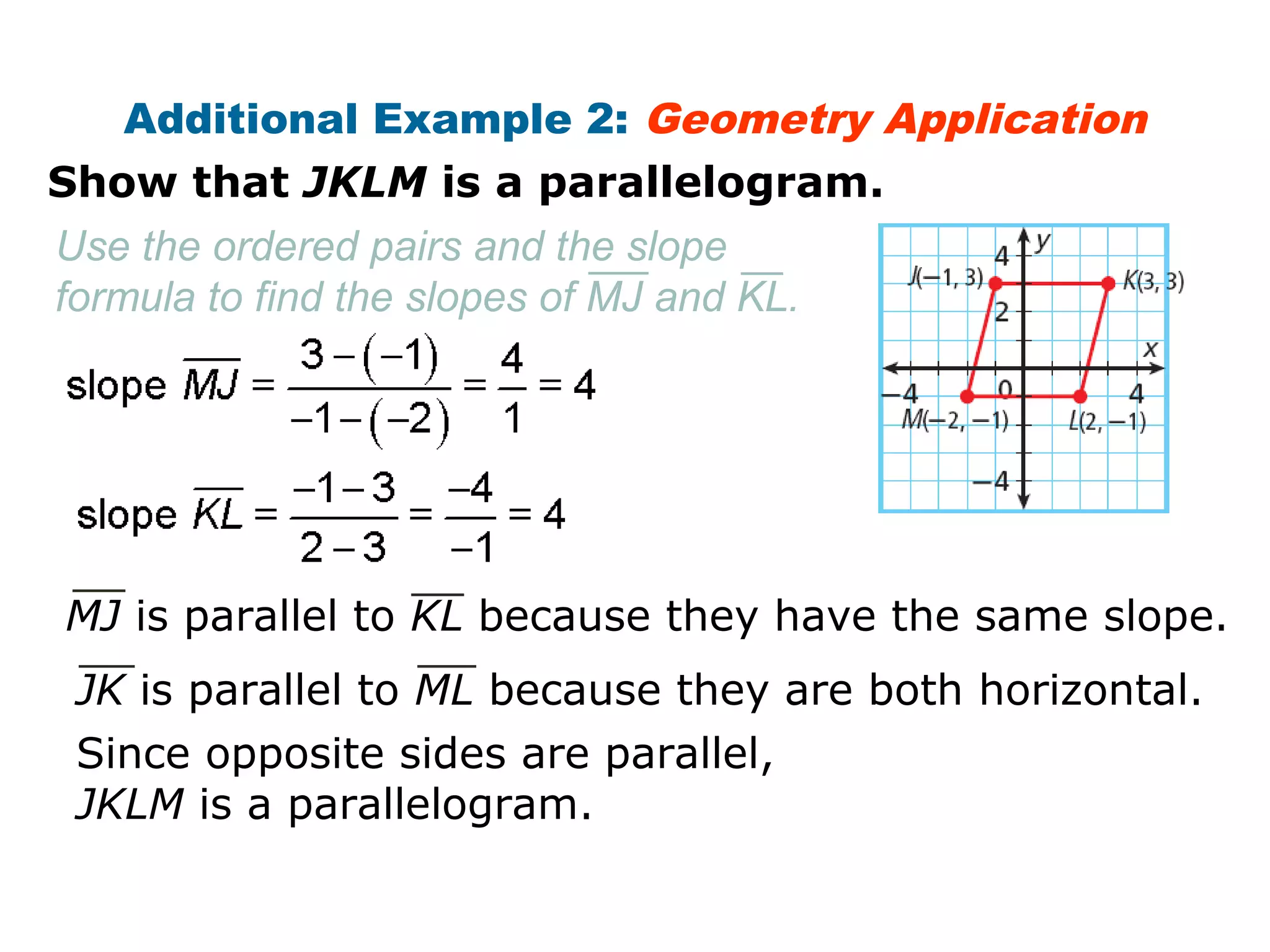 Additional Example 2: Geometry Application 
Show that JKLM is a parallelogram. 
Use the ordered pairs and the slope 
formula to find the slopes of MJ and KL. 
MJ is parallel to KL because they have the same slope. 
JK is parallel to ML because they are both horizontal. 
Since opposite sides are parallel, 
JKLM is a parallelogram. 
 