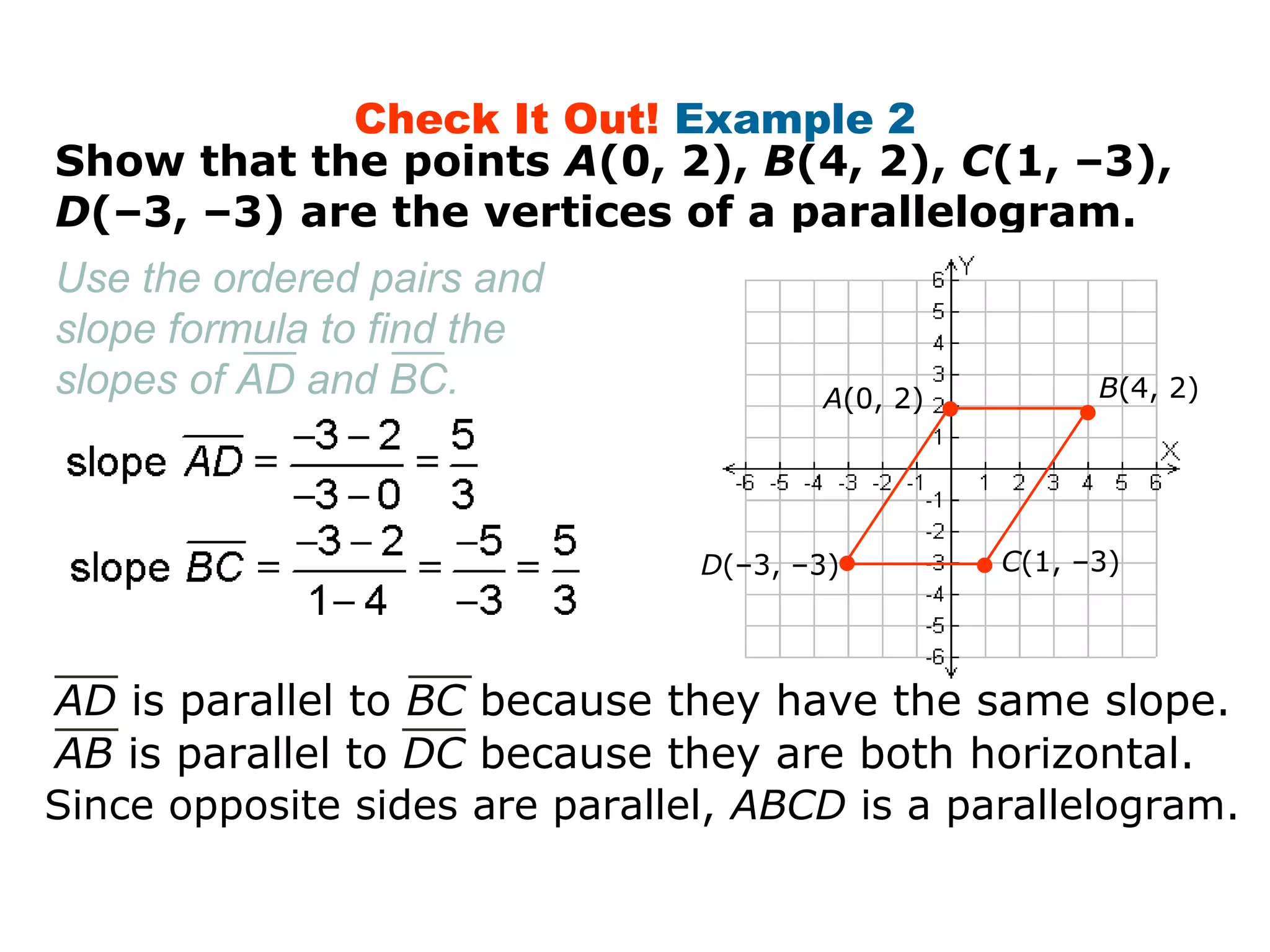 Check It Out! Example 2 
Show that the points A(0, 2), B(4, 2), C(1, –3), 
D(–3, –3) are the vertices of a parallelogram. 
A(0, 2) • •B(4, 2) 
• • 
D(–3, –3) C(1, –3) 
Use the ordered pairs and 
slope formula to find the 
slopes of AD and BC. 
AD is parallel to BC because they have the same slope. 
AB is parallel to DC because they are both horizontal. 
Since opposite sides are parallel, ABCD is a parallelogram. 
 