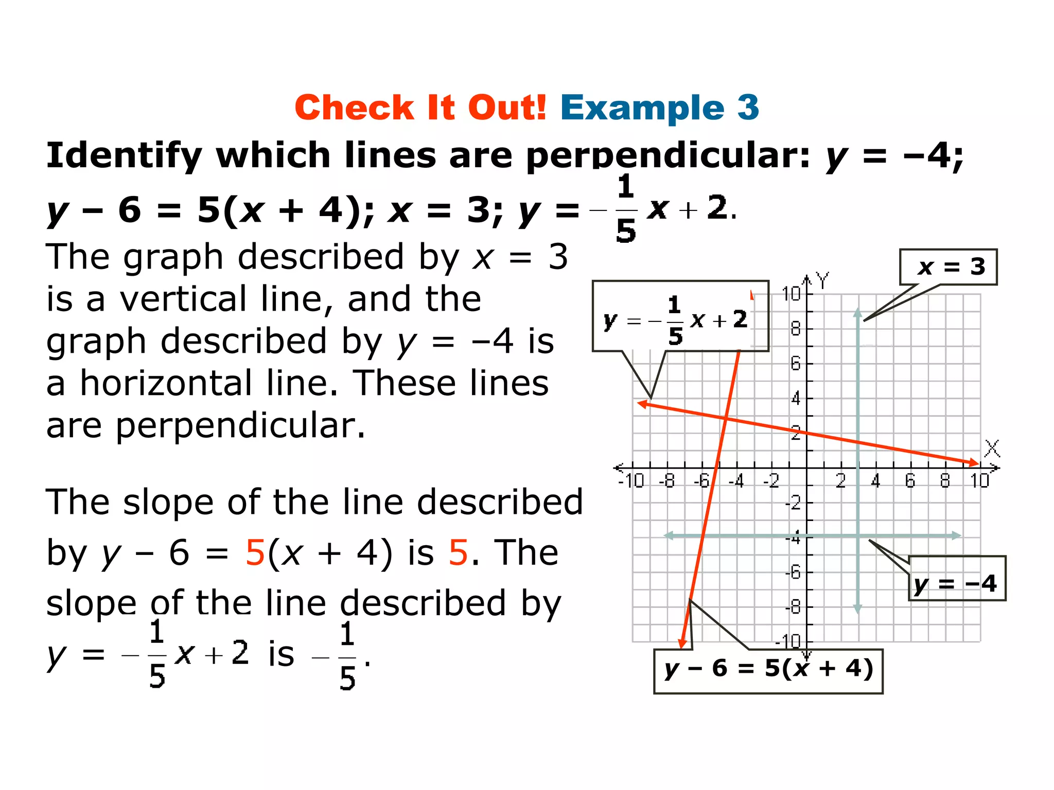 Check It Out! Example 3 
Identify which lines are perpendicular: y = –4; 
y – 6 = 5(x + 4); x = 3; y = 
The graph described by x = 3 
is a vertical line, and the 
graph described by y = –4 is 
a horizontal line. These lines 
are perpendicular. 
The slope of the line described 
by y – 6 = 5(x + 4) is 5. The 
slope of the line described by 
y = is 
x = 3 
y = –4 
y – 6 = 5(x + 4) 
 